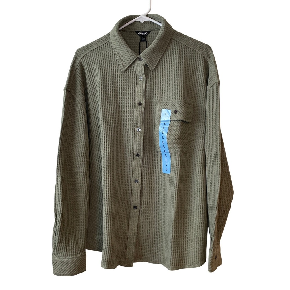 Buffalo Waffle Button Up Women's Large Faded Sage NEW Textured Relaxed Shirt